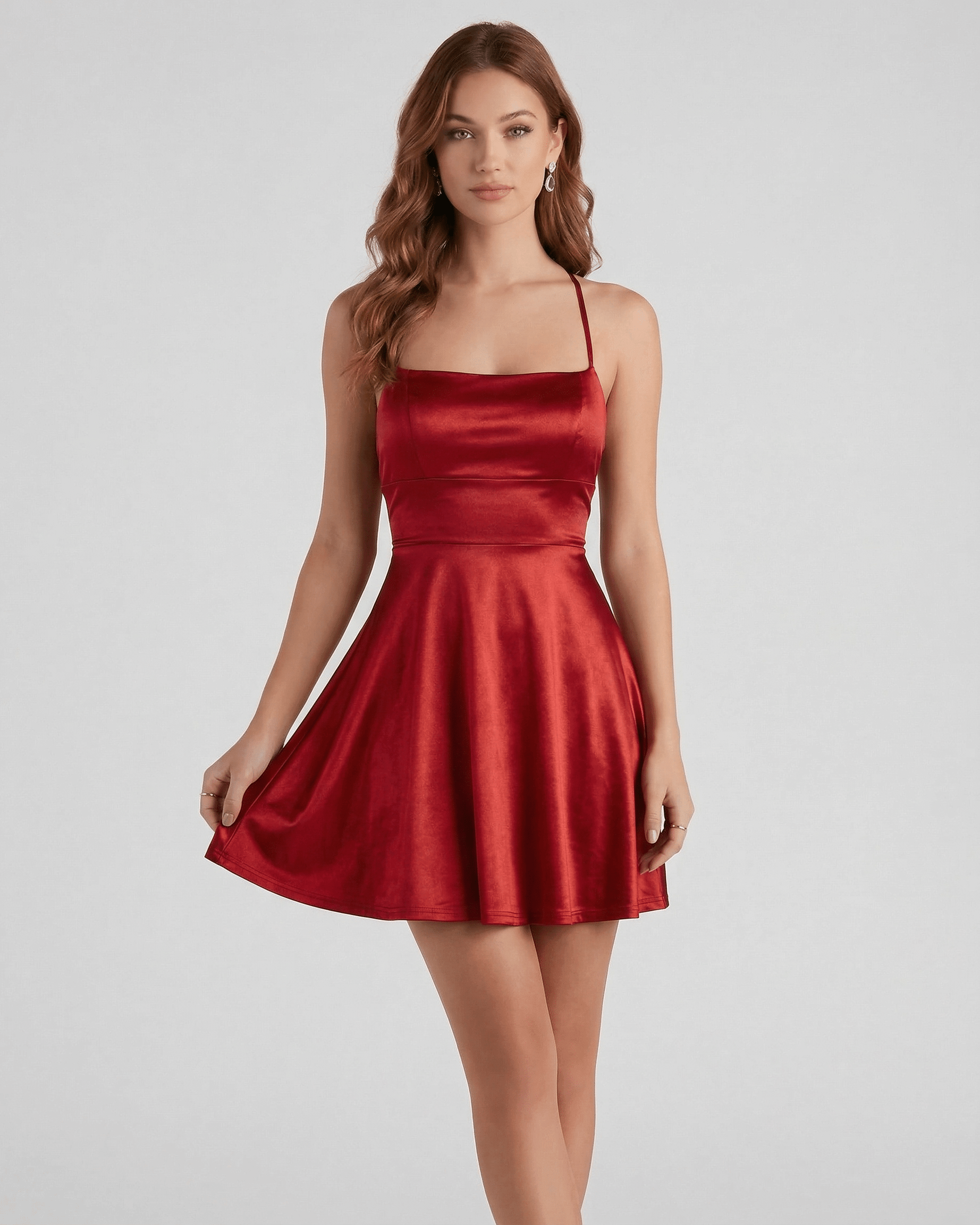 Ruby Satin Mini by Lauven - Elegant red A-line mini dress with a flattering silhouette and spaghetti straps.