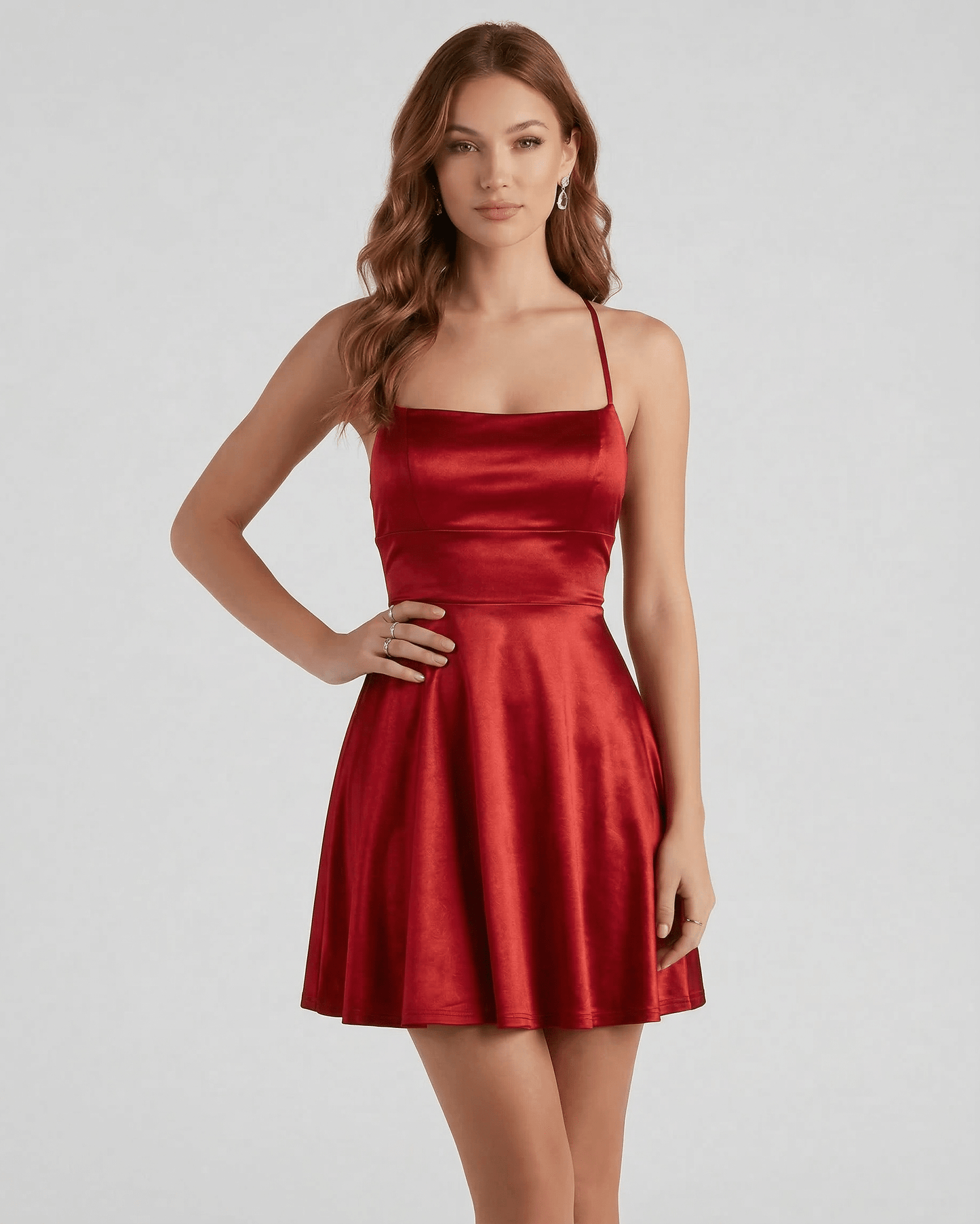 Ruby Satin Mini by Lauven – Elegant red A-line mini dress with spaghetti straps and a square neckline.