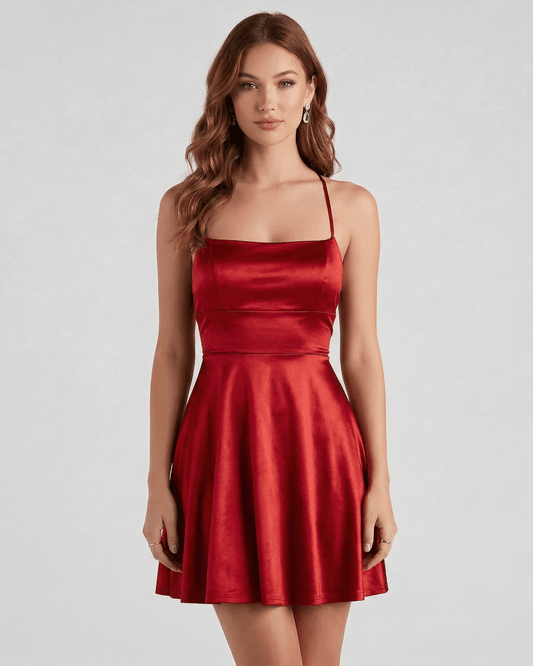 Ruby Satin Mini dress by Lauven featuring a sleek A-line silhouette and rich ruby red satin finish.