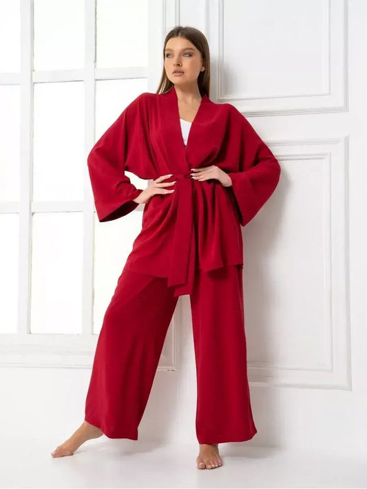 Ruby Suit Set by Lauven – Vibrant oversized two-piece set in rich pink featuring wide-leg trousers.