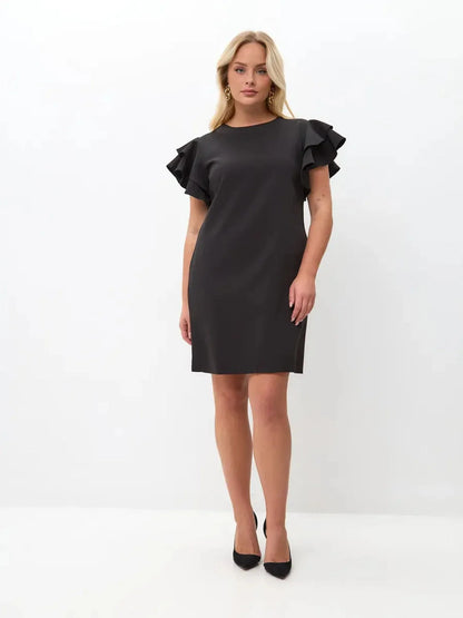 Black mini dress with layered ruffle sleeves, embodying elegance and a flattering fit for any occasion.
