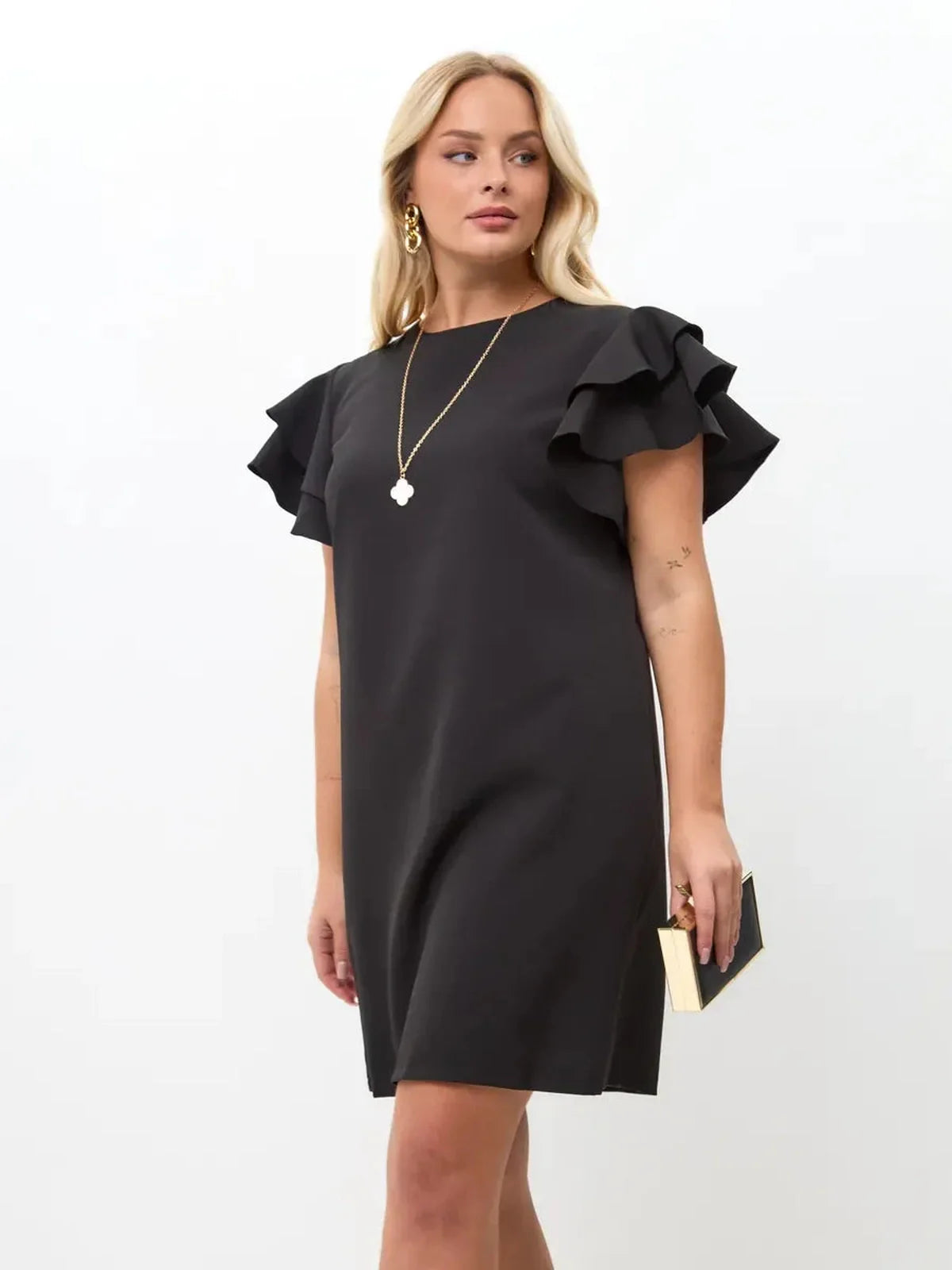 Elegant black mini dress with layered ruffle sleeves, perfect for warm-weather occasions and stylish outings.
