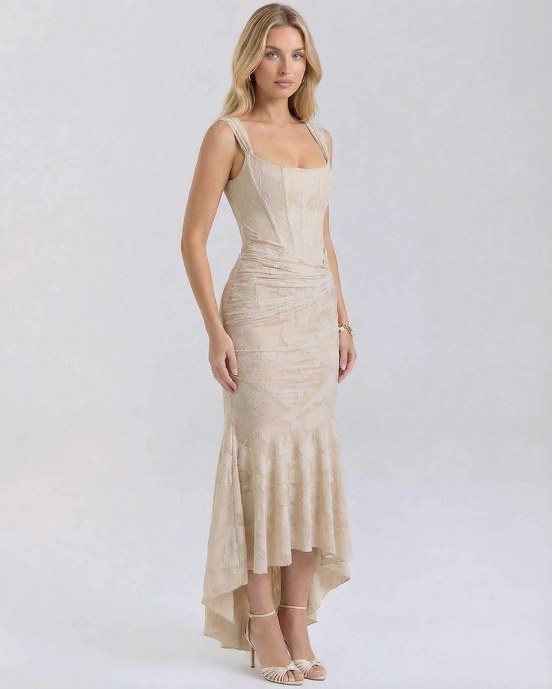 Sable Maxi Dress by Lauven, featuring a square neckline, jacquard fabric, and a fish tail hemline in nude.