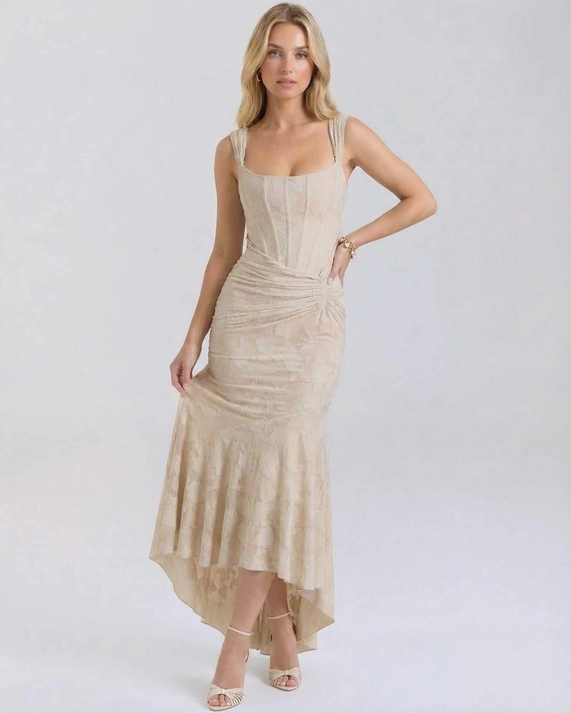 Sable Maxi Dress by Lauven, elegant square collar jacquard dress in nude with pleated detailing and fish tail hemline.