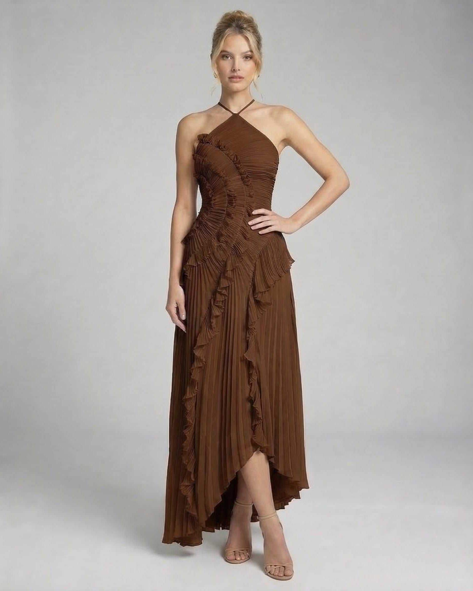 Sable Maxi Dress by Lauven featuring a rich chocolate pleated halter gown with ruffle accents for elegant flow.