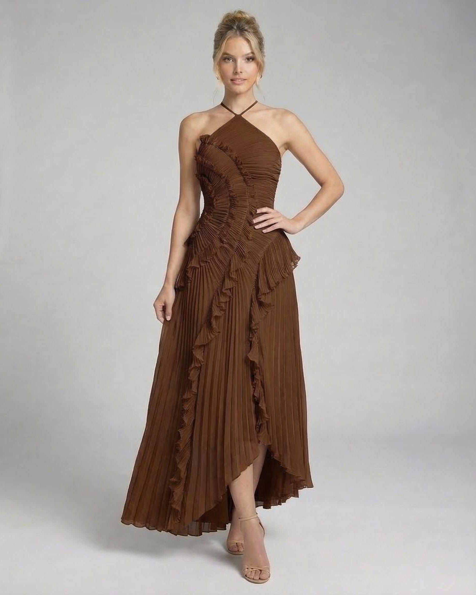 Sable Maxi Dress by Lauven, featuring rich chocolate pleated chiffon and delicate ruffle accents.