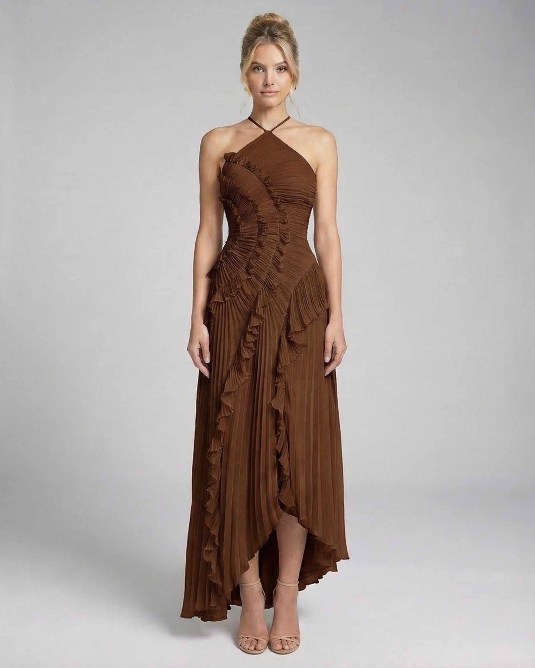 Sable Maxi Dress by Lauven – Rich chocolate pleated halter gown with ruffle accents for timeless elegance.