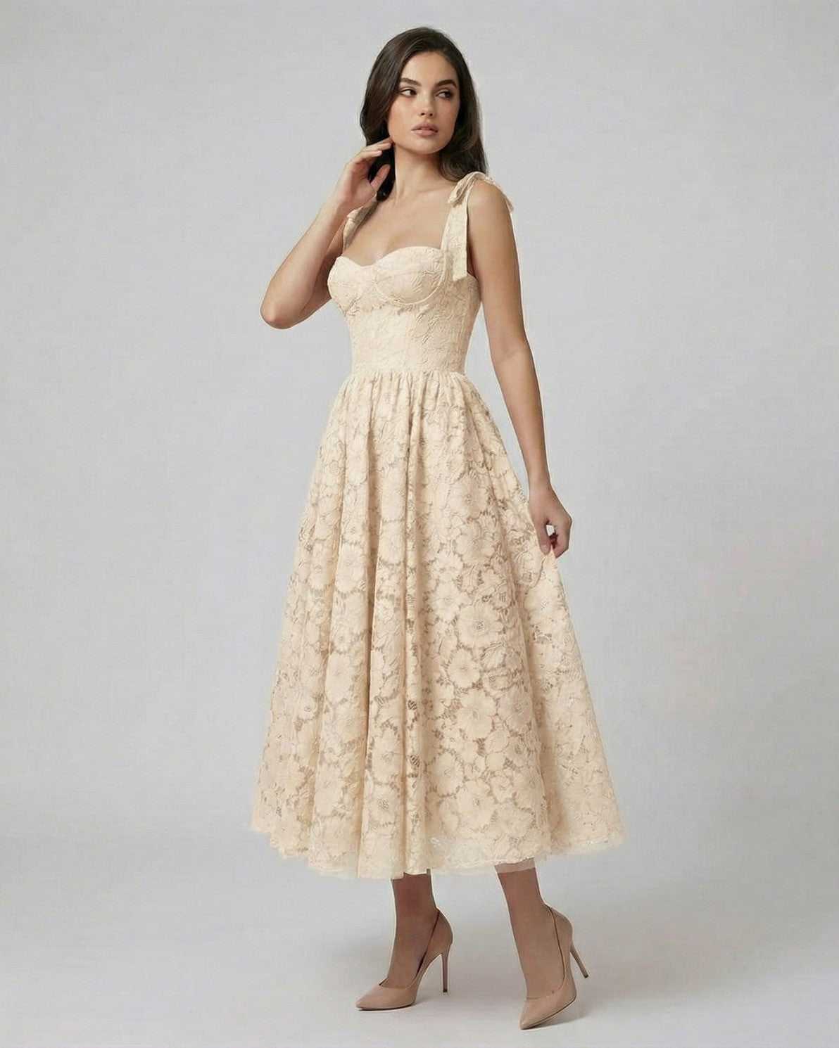 Sable Midi Dress by Lauven, featuring a soft beige lace A-line silhouette and elegant design.