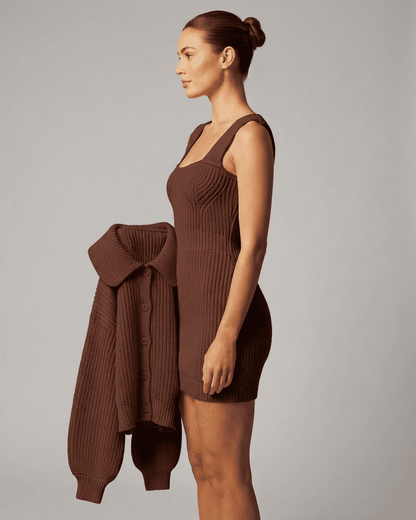 Sable Mini Dress by Lauven, featuring a sleeveless design and rich brown color, showcasing elegant knit bodycon style.
