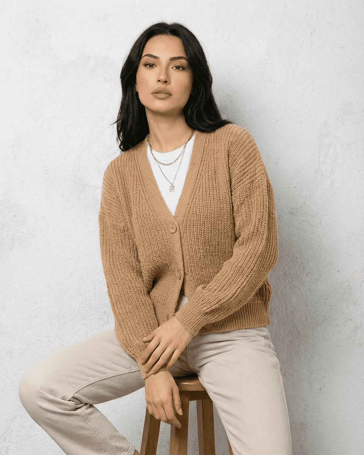 Saffron Cardigan by Lauven, elegant beige knitwear with a relaxed V-neck and long sleeves.