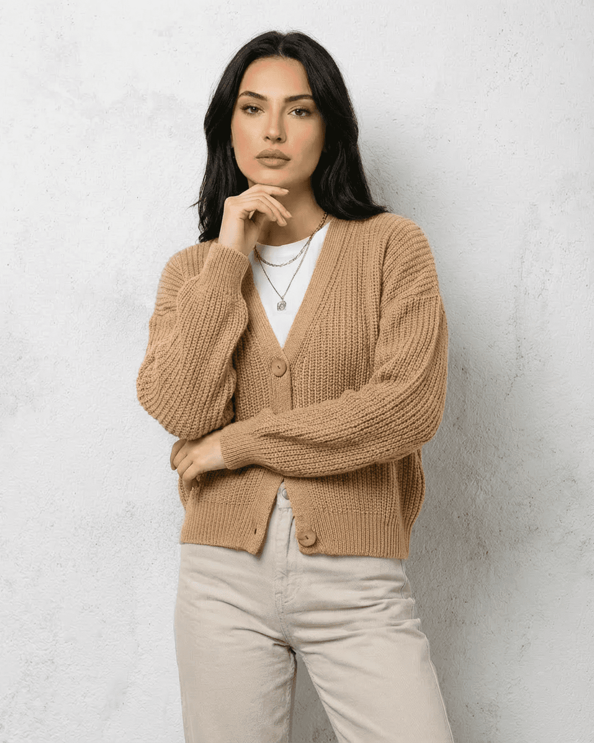 Saffron Cardigan by Lauven, elegant beige knitwear with relaxed V-neck silhouette and cozy comfort.