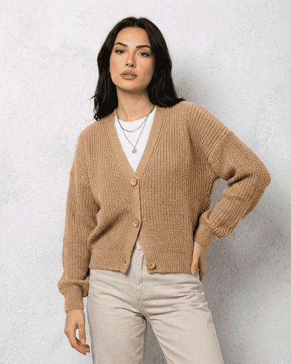 Saffron Cardigan by Lauven, elegant beige knitwear with relaxed V-neck and long sleeves.