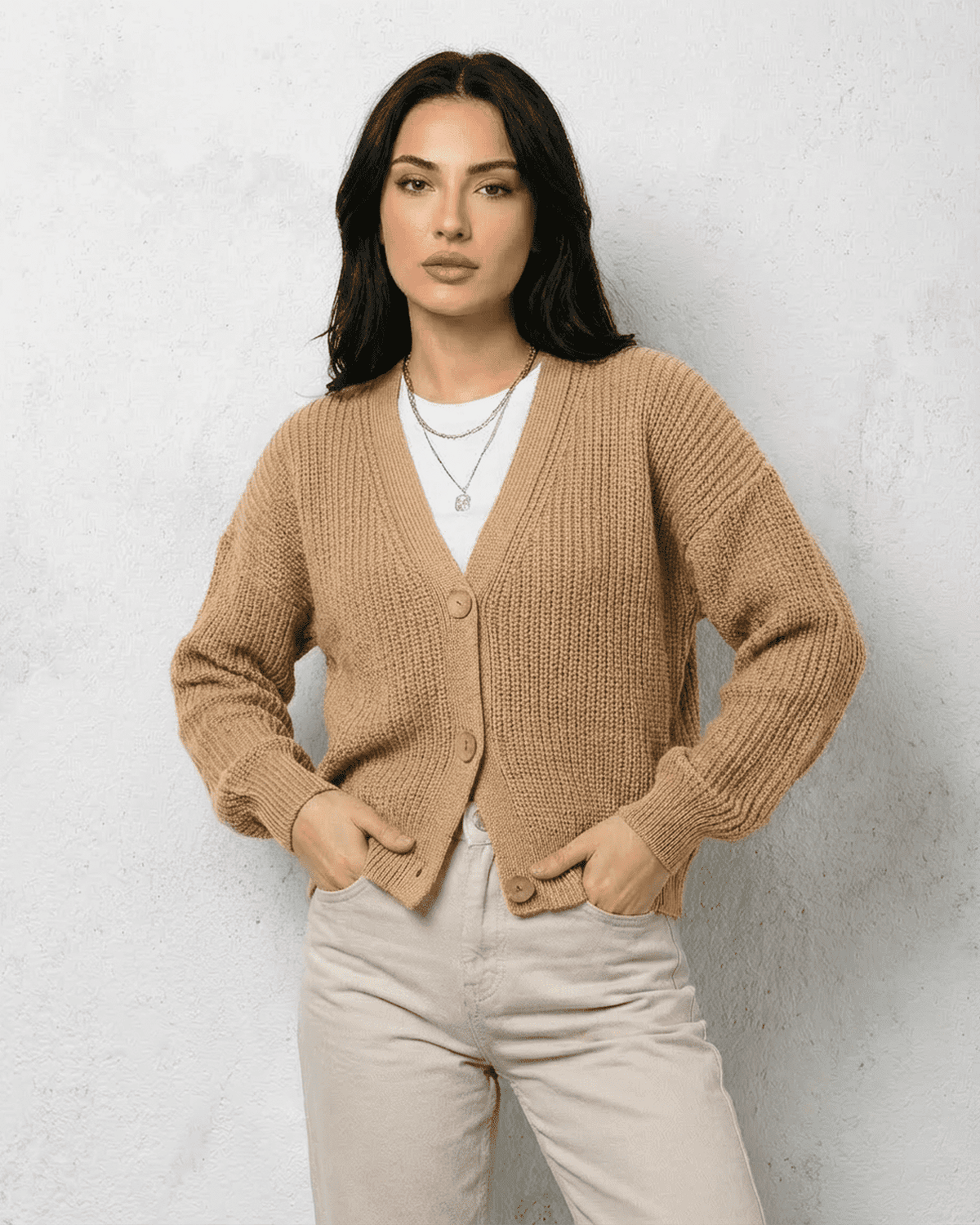 Saffron Cardigan by Lauven - Elegant beige knitwear with relaxed V-neck and buttons.