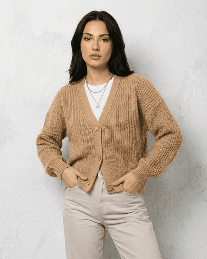 Saffron Cardigan by Lauven - Elegant beige knitwear with relaxed V-neck and buttons.