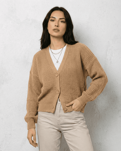 Saffron Cardigan from Lauven - Elegant beige knitwear with a relaxed V-neck silhouette, perfect for layering.