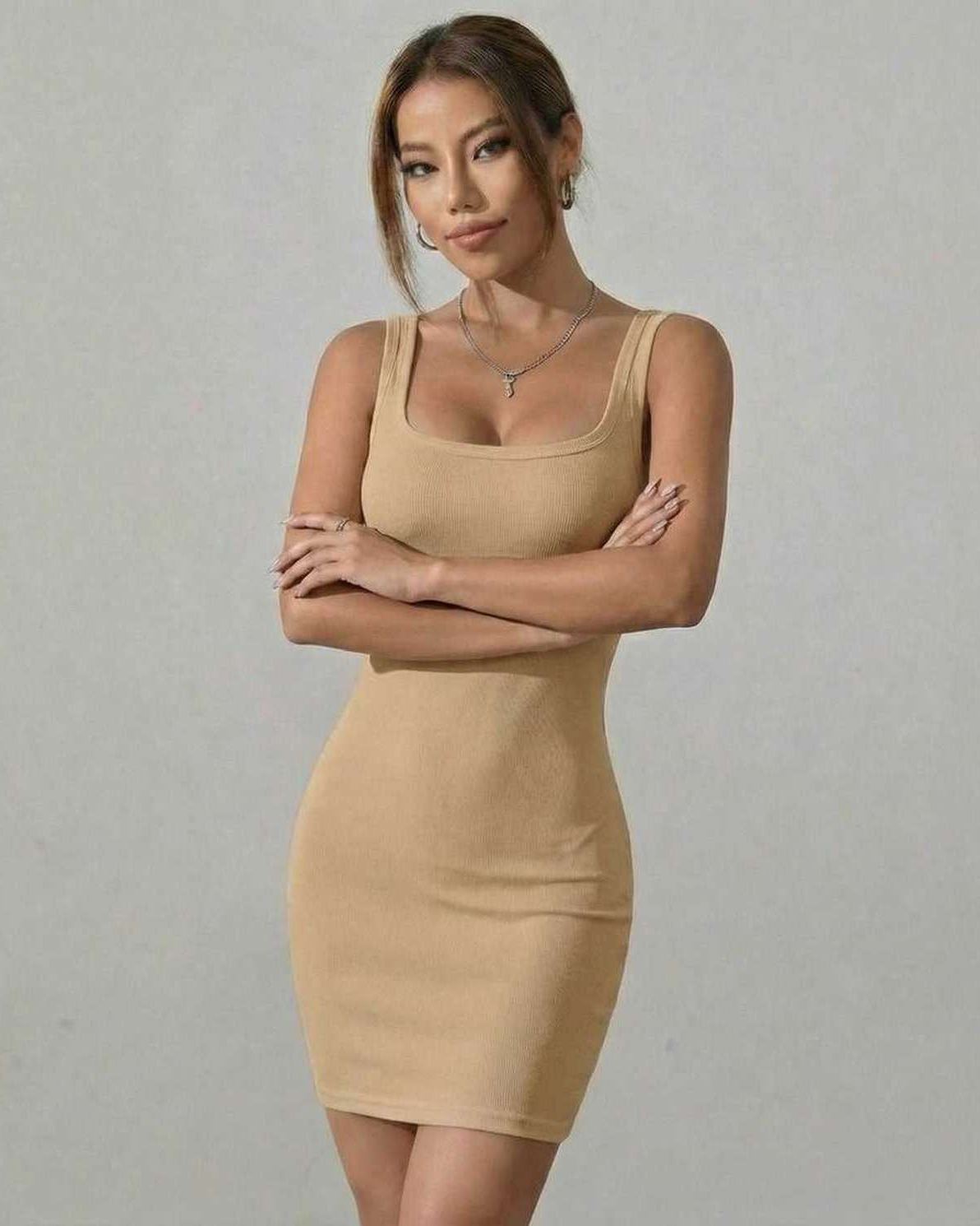 Saffron Mini Dress by Lauven in warm beige ribbed knit, featuring a square neckline and sleeveless design.
