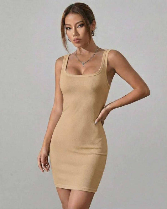 Saffron Mini Dress by Lauven in warm beige ribbed knit, showcasing a sleek silhouette and square neckline.