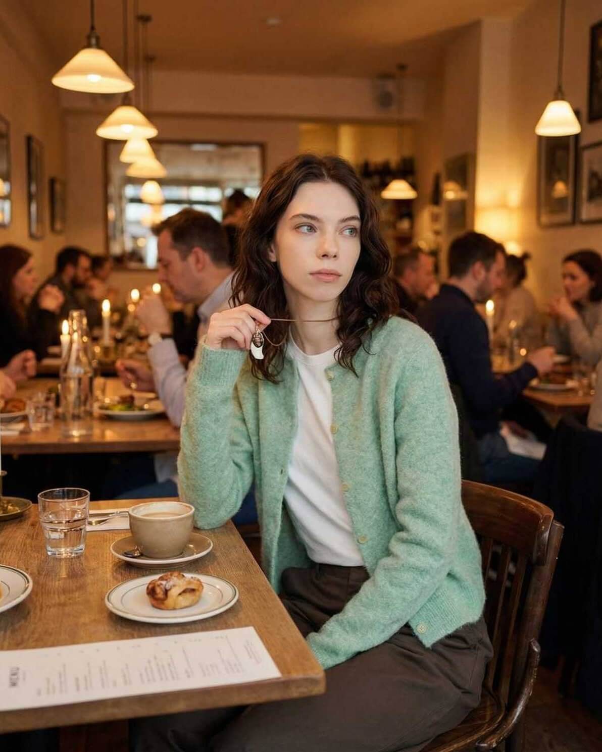 Sage Cardigan by Lauven worn by a woman in a cozy café setting, showcasing its stylish round neck and button front.