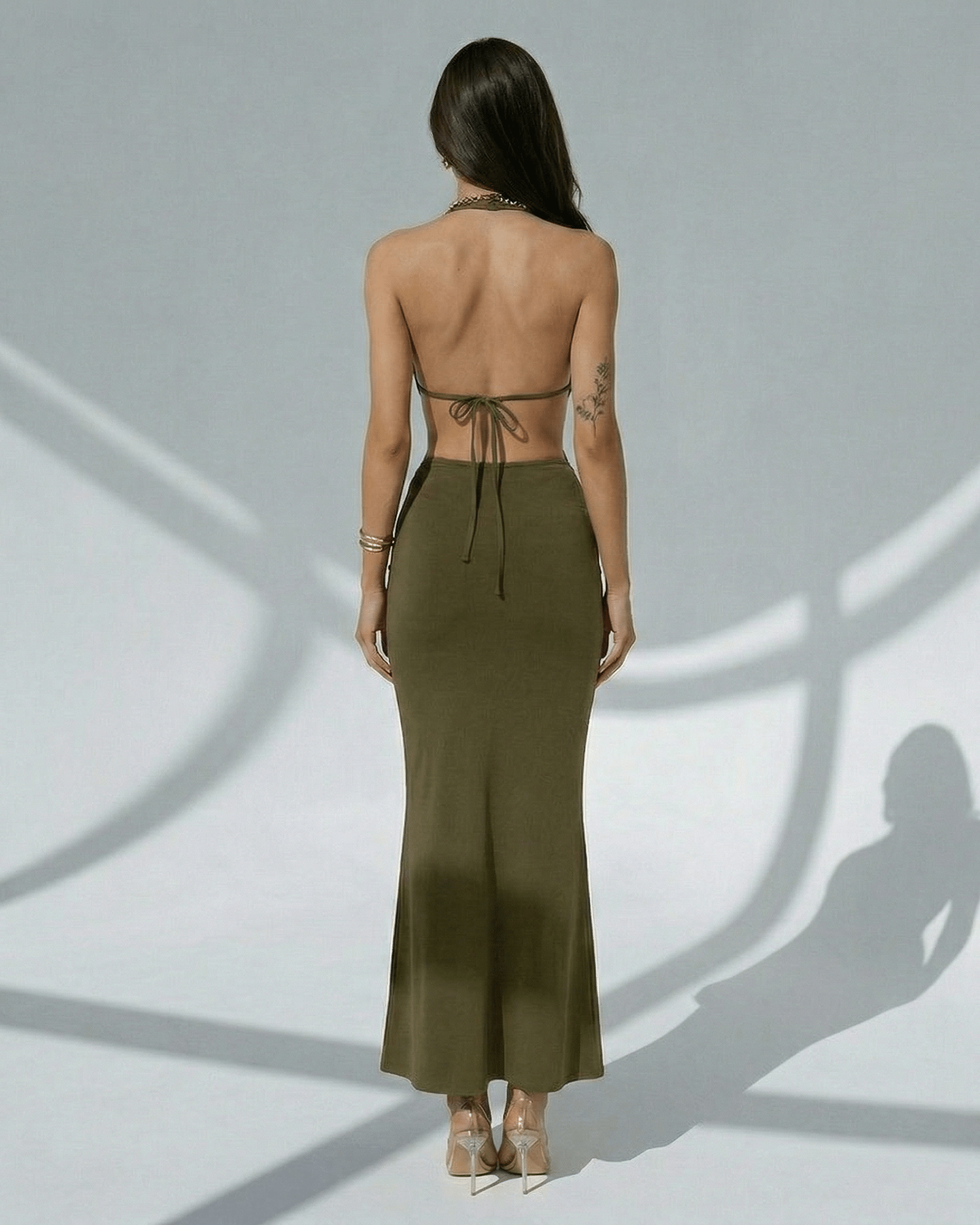 Sage Maxi Dress - Elegant olive green bodycon with deep V-neck and adjustable waist by Lauven.