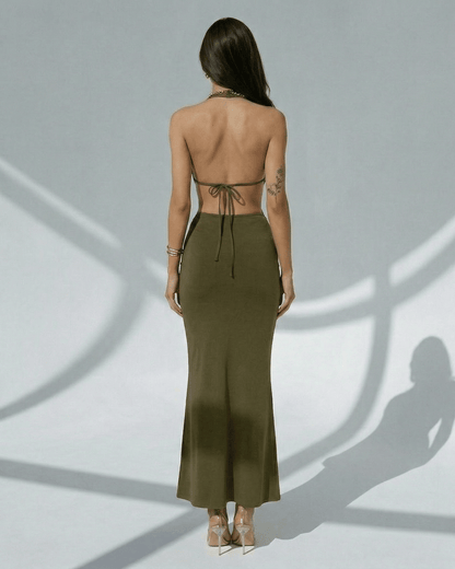 Sage Maxi Dress - Elegant olive green bodycon with deep V-neck and adjustable waist by Lauven.