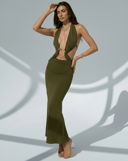Sage Maxi Dress featuring deep V-neck, metal ring details, and adjustable waist for a comfortable fit by Lauven.