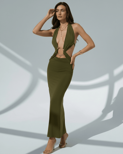 Sage Maxi Dress – Elegant olive green bodycon dress with deep V-neck and metal ring details by Lauven.