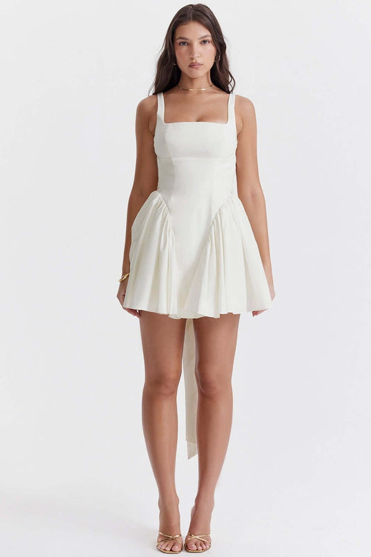 Sage Mini Dress for women with bow details, perfect for weddings, parties, and summer occasions.