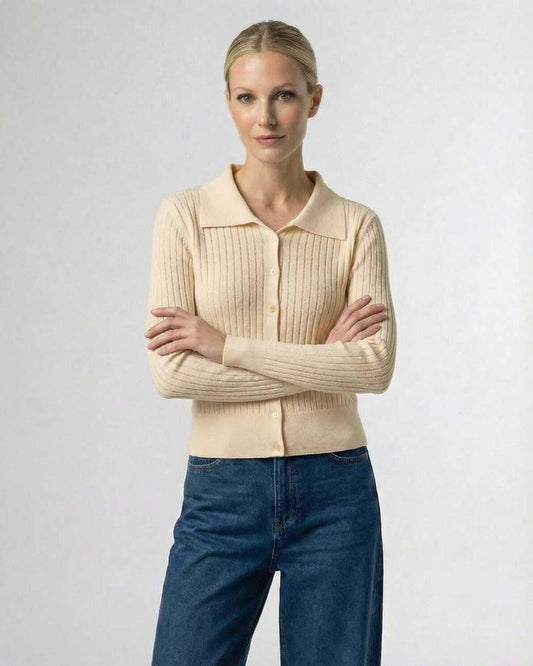 Sahara Cardigan by Lauven – Women's beige cardigan sweater with button front and ribbed knit design.