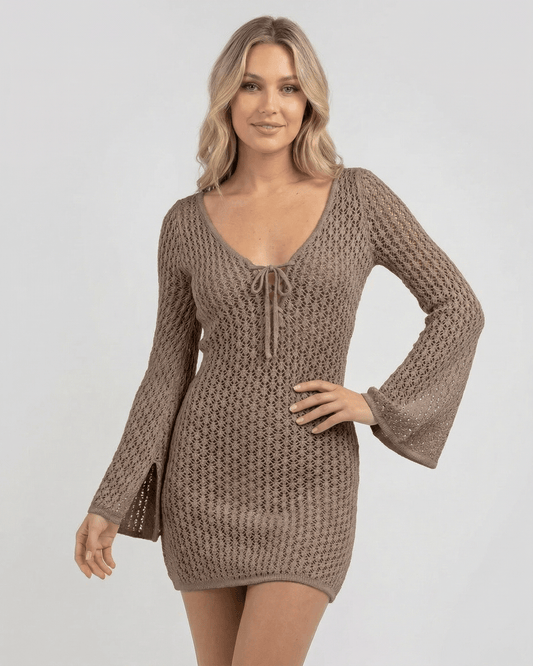 Lauven Sahara Cover Up brown crochet cover up with front tie neckline and flared sleeves.