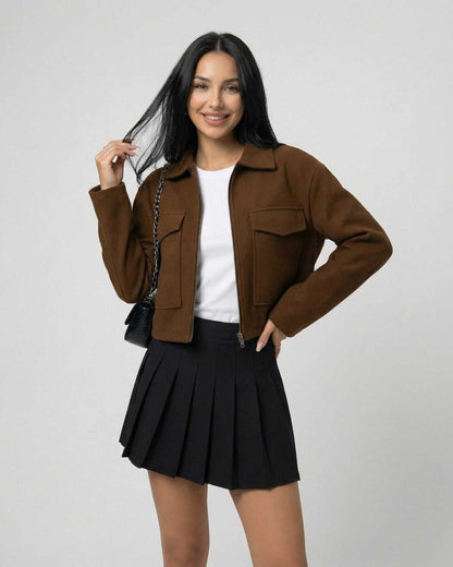 Sahara Jacket by Lauven - Women's brown jacket with polo collar, styled for modern minimalism.