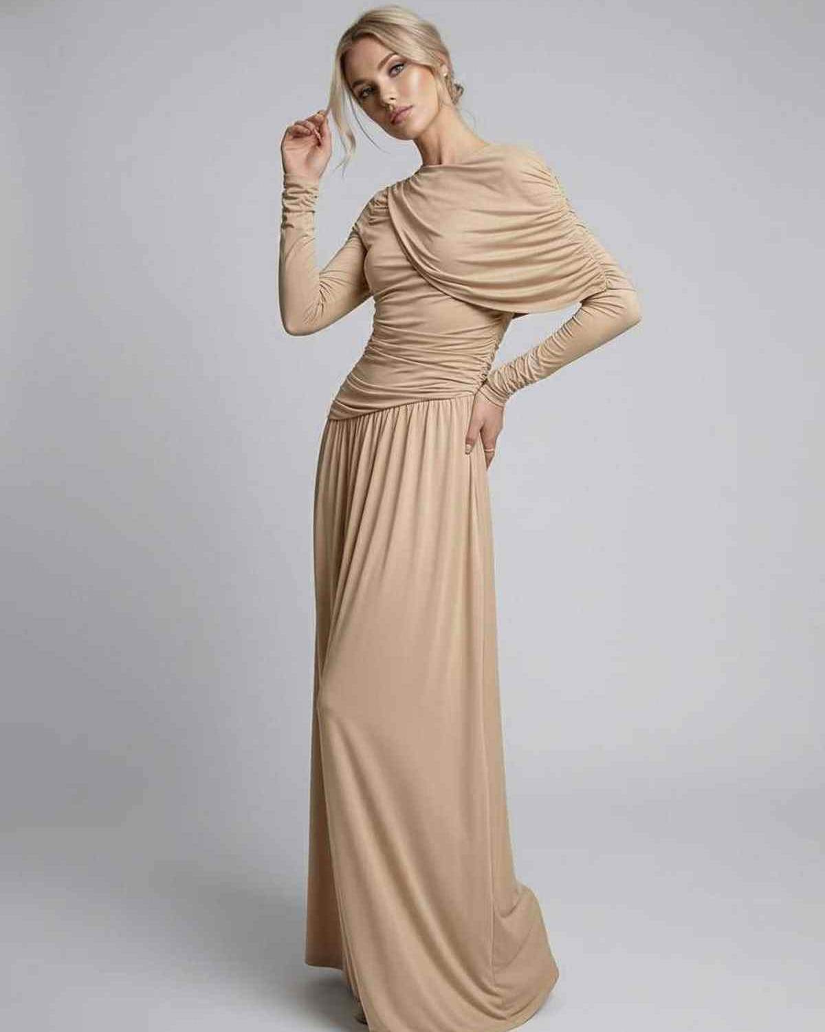Sahara Maxi Dress by Lauven in beige, featuring long sleeves, draped overlay, high waist silhouette for a graceful flow.