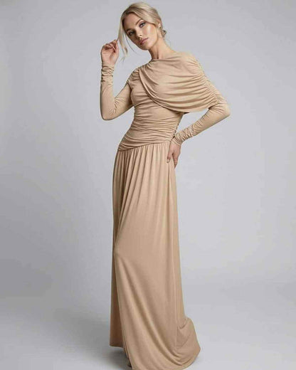 Sahara Maxi Dress by Lauven in beige, featuring long sleeves, draped overlay, high waist silhouette for a graceful flow.