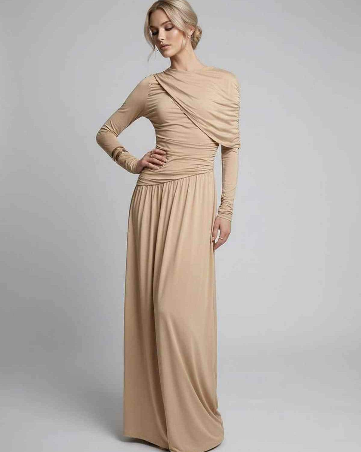 Sahara Maxi Dress by Lauven, beige long sleeve dress with elegant gathered detailing and fluid drape.