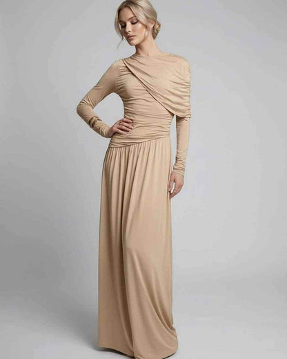 Sahara Maxi Dress by Lauven, beige long sleeve dress with elegant gathered detailing and fluid drape.
