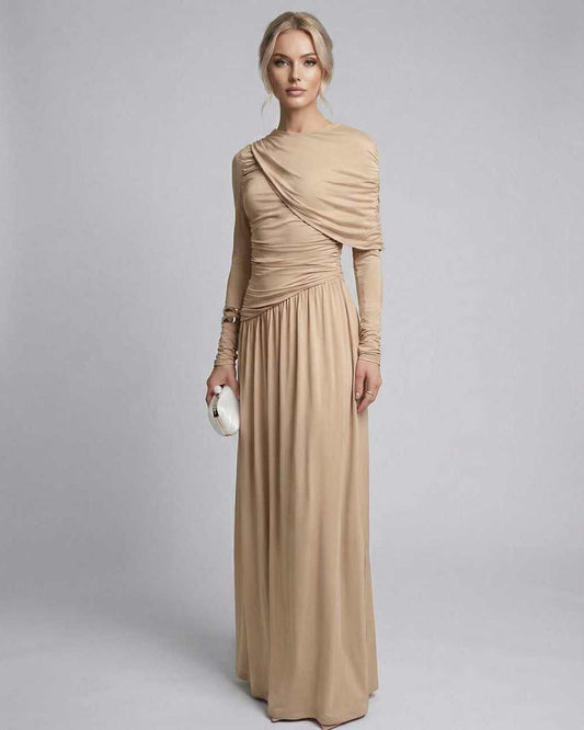 Sahara Maxi Dress - Elegant beige long sleeve maxi dress with gathered detailing from Lauven.