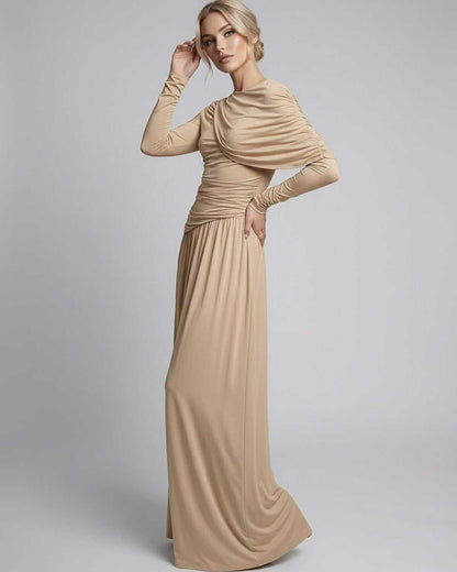 Sahara Maxi Dress | Beige Long Sleeve Dress with gathered detailing by Lauven, featuring a smooth polyester-spandex blend.