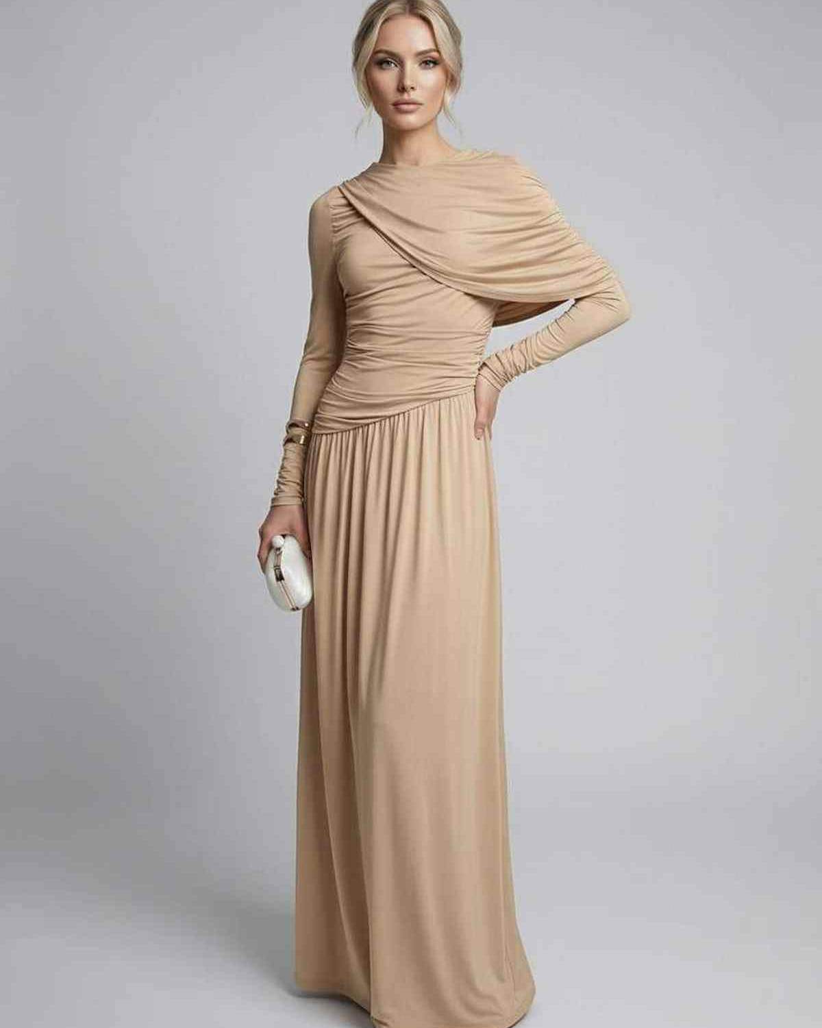 Sahara Maxi Dress by Lauven, a beige long sleeve dress featuring gathered details and a soft drape for an elegant look.