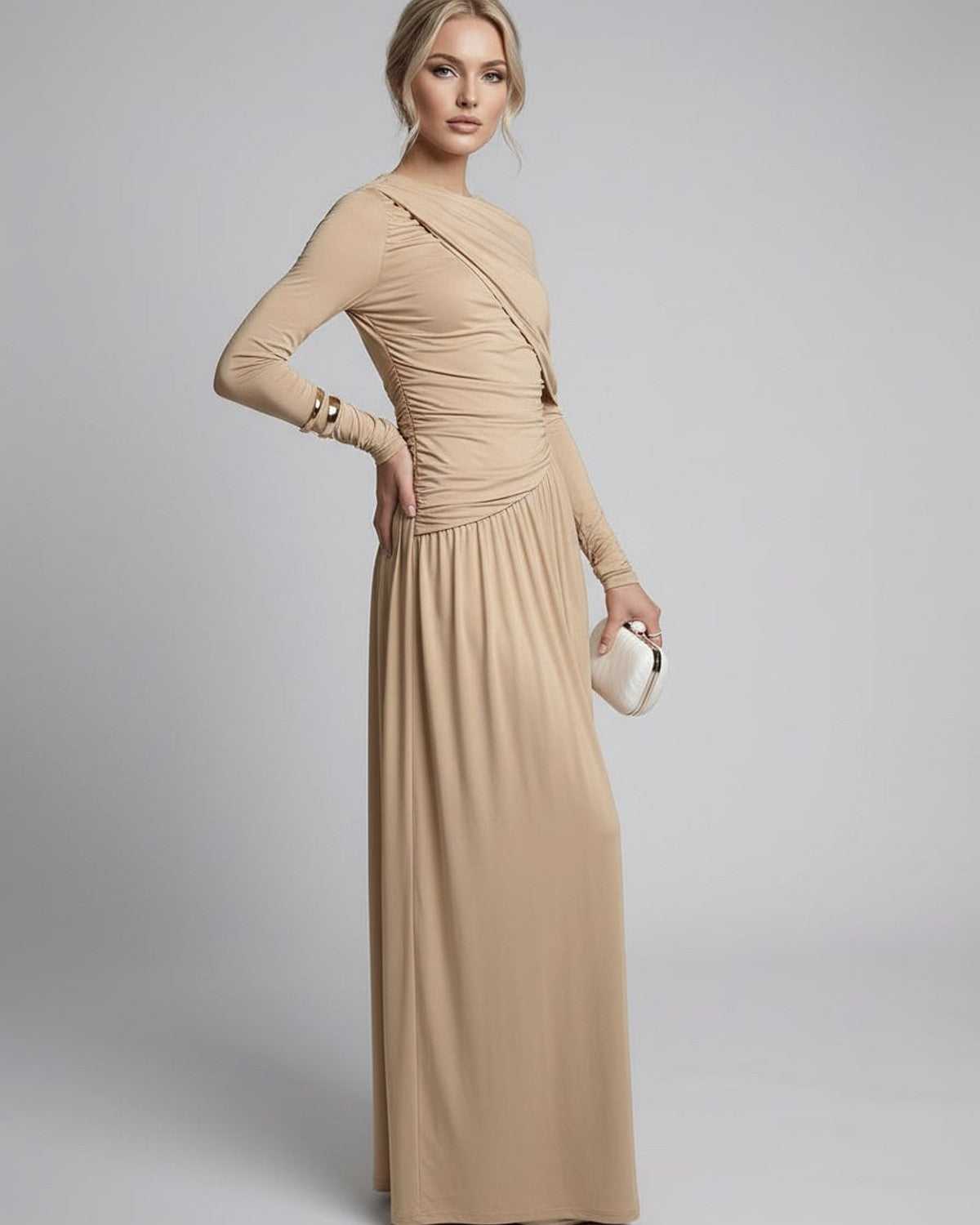 Sahara Maxi Dress in beige, long sleeves with gathered detailing, elegant drape by Lauven.