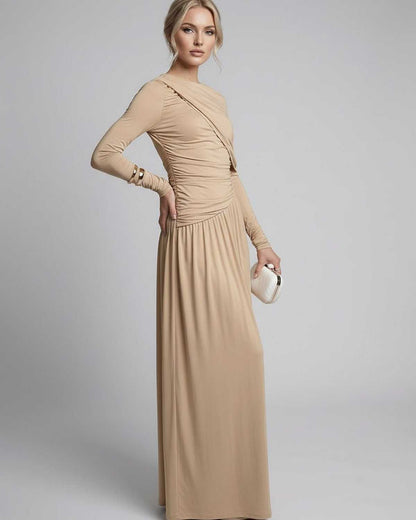 Sahara Maxi Dress in beige, long sleeves with gathered detailing, elegant drape by Lauven.