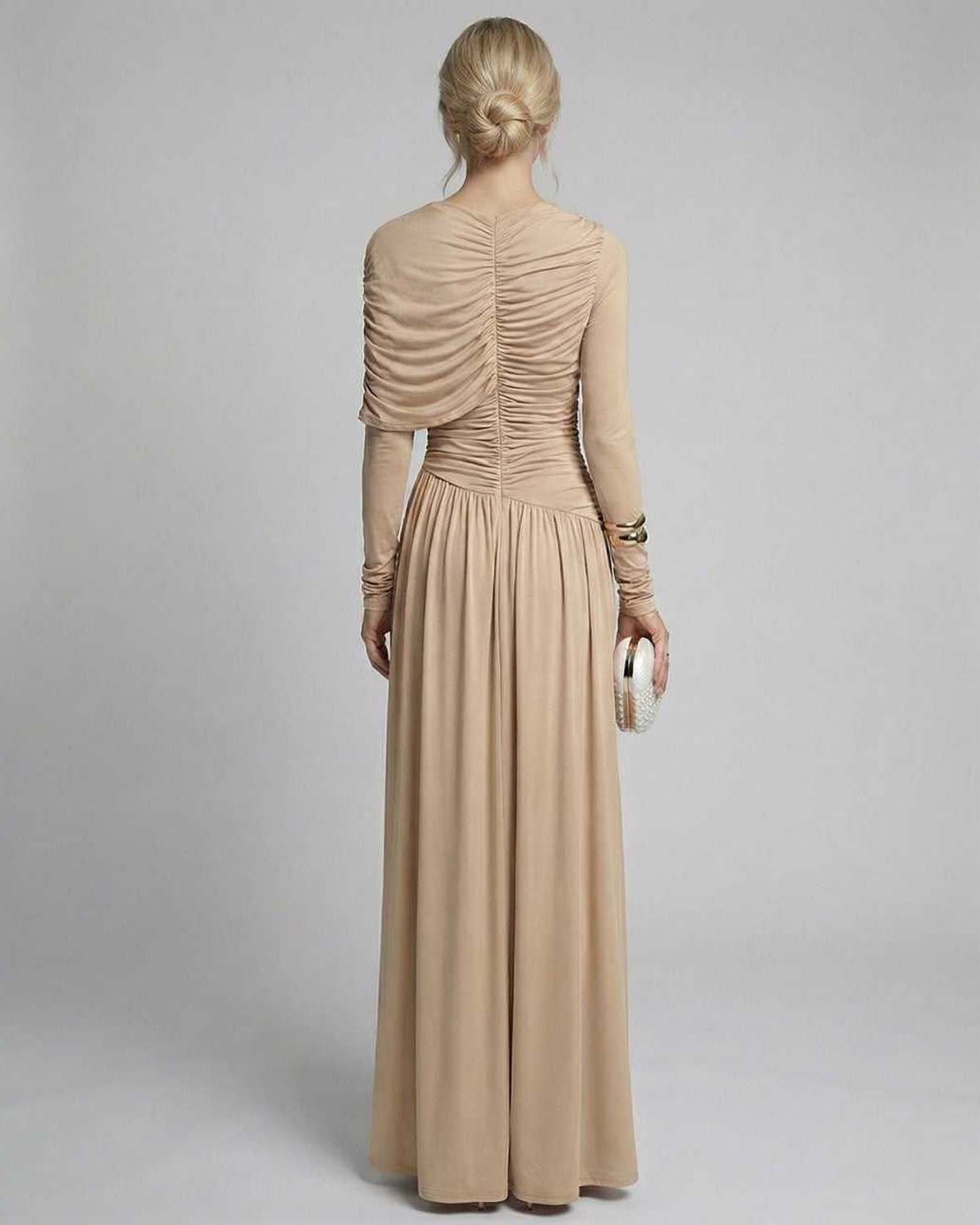 Sahara Maxi Dress showing the elegant gathered detailing and sleek back view in graceful beige fabric by Lauven.