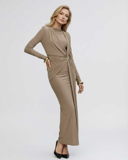 Sahara Maxi Dress - Taupe bodycon maxi dress with long sleeves, draped waist detail. Lauven brand elegance.