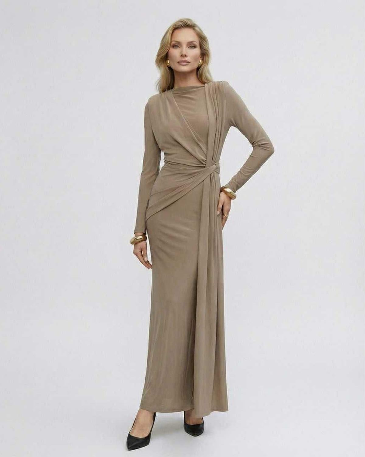 Sahara Maxi Dress in taupe, featuring long sleeves and draped waist detail by Lauven, combining elegance with comfort.