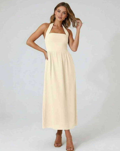 Sahara Midi Dress, beige halter neckline, A-line skirt, elegant and refined, from Lauven.