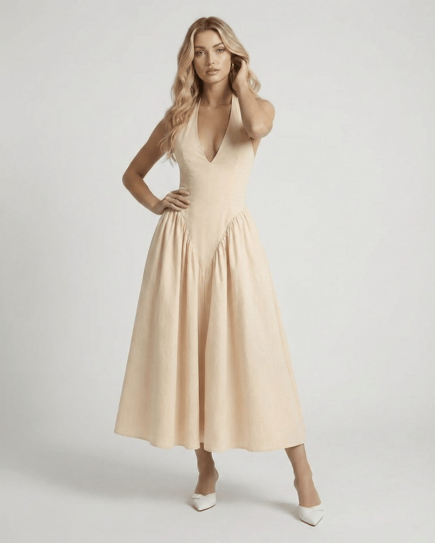 Sahara Midi Dress - Beige halter neck, elegant backless design, minimalist style by Lauven.
