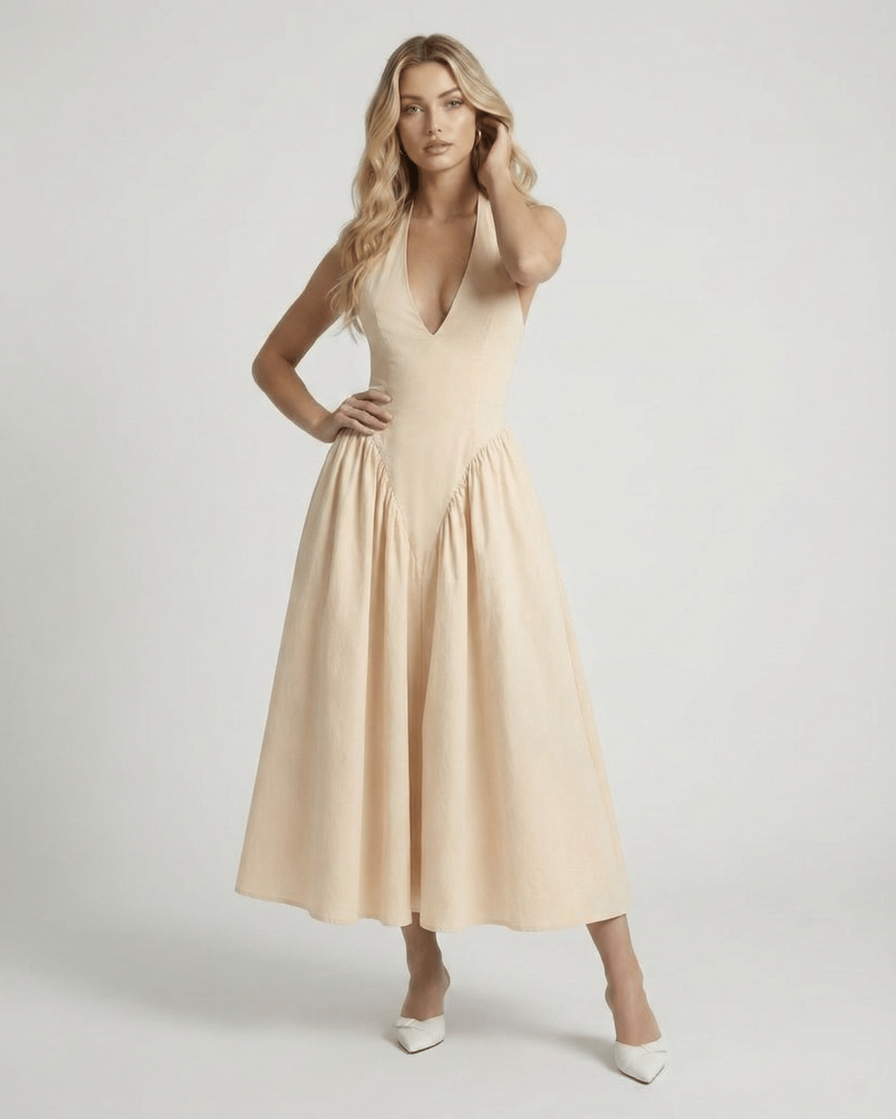 Sahara Midi Dress - Beige halter neck, elegant backless design, minimalist style by Lauven.