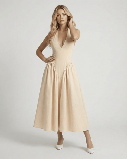 Sahara Midi Dress - Beige halter neck, elegant backless design, minimalist style by Lauven.