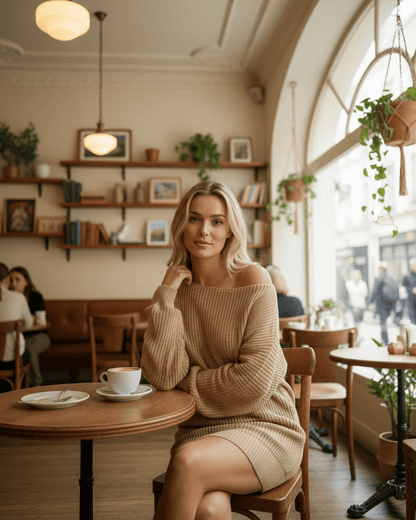 Sahara Mini Dress by Lauven, warm beige oversized knitted dress in cozy café setting.