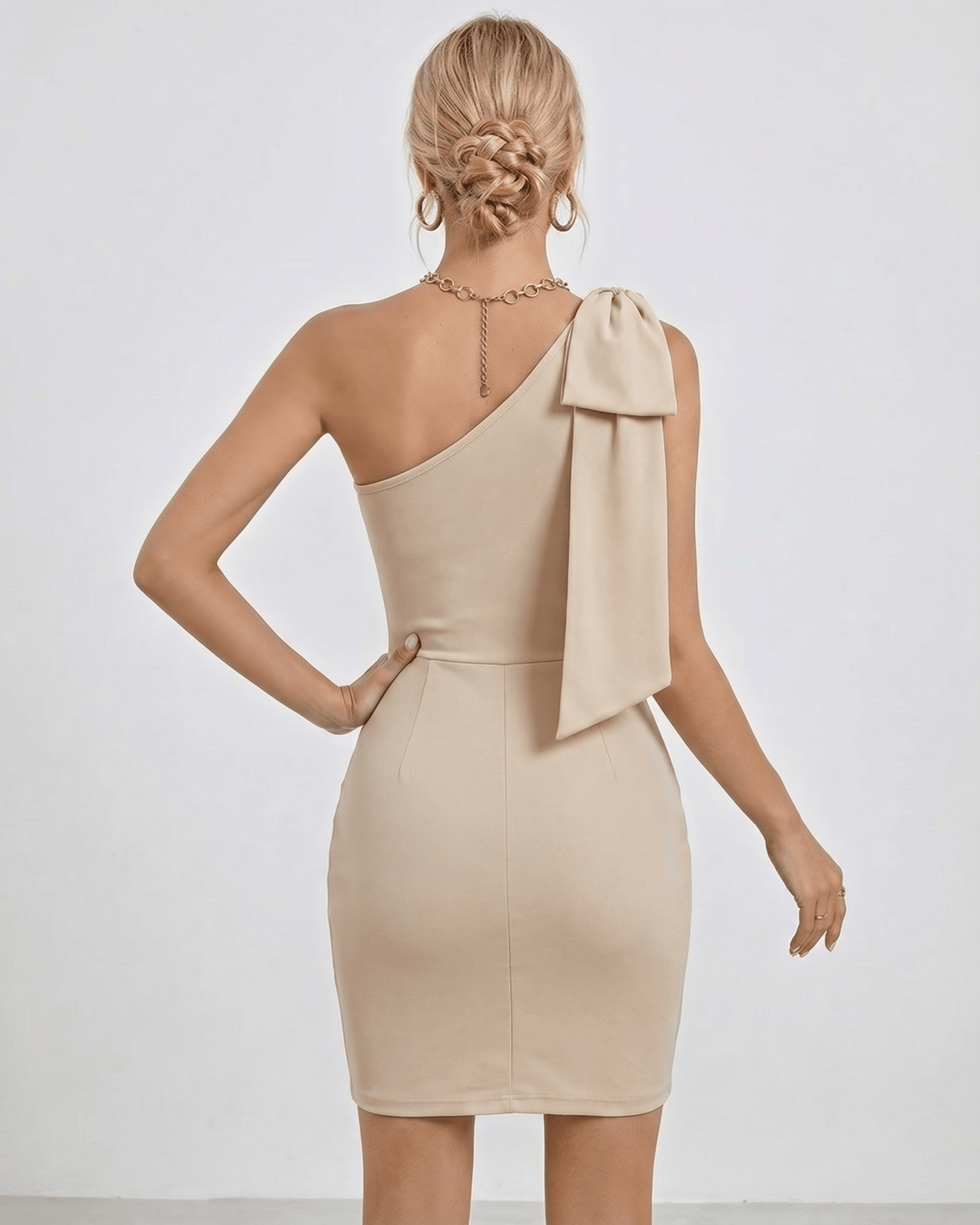 Sahara Mini Dress, one shoulder bodycon mini dress, soft beige tone, refined silhouette by Lauven.
