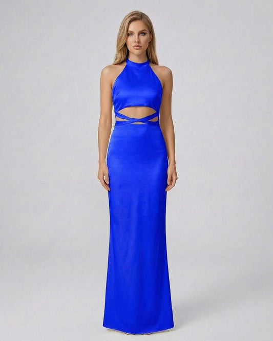 Saphira Maxi Dress by Lauven - Halter neck bodycon maxi dress in solid blue with refined waist cutout design.