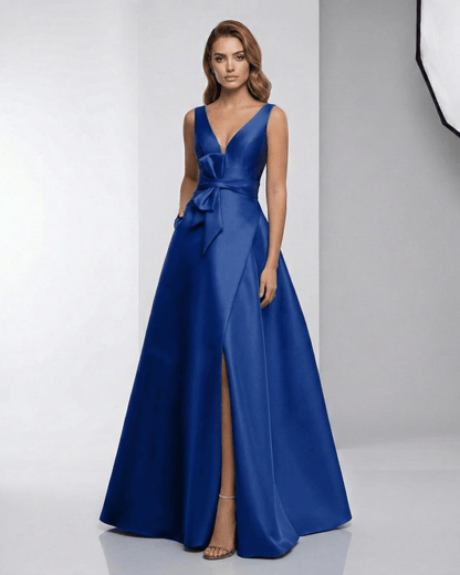 Sapphire Maxi Dress showcasing a satin A-line silhouette, deep V-neck, and elegant design by Lauven for formal occasions.